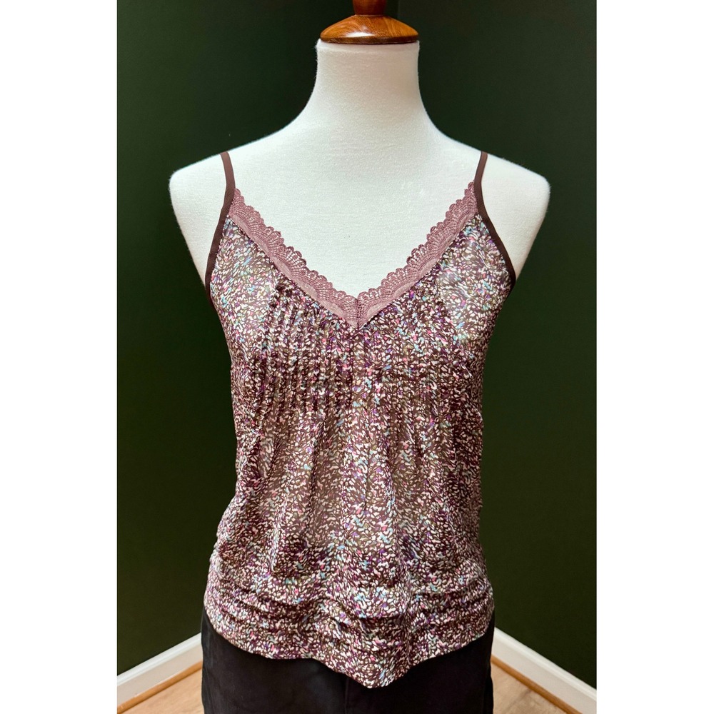 Lace Cami Top Sleeveless Floral Print Brown Purple Tank Top Adjustable Straps